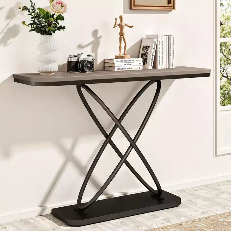 Bekrvio 47.4 Farmhouse Console Table - Rustic Entryway Table with Black Metal Frame | Narrow Sofa Table for Living Room, Hallway, Foyer
