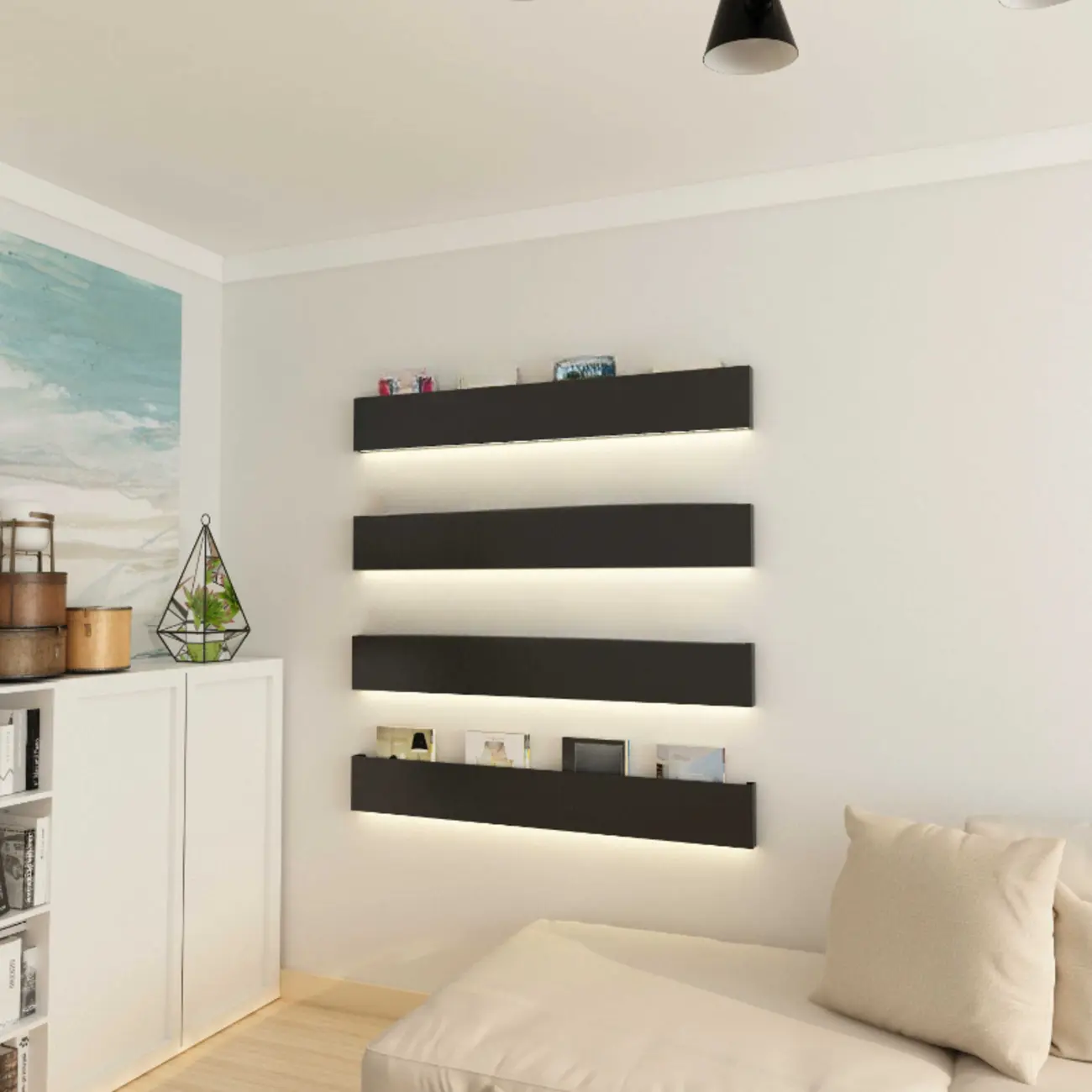 Modern Black Wall-Mounted Metal Floating Bookcase