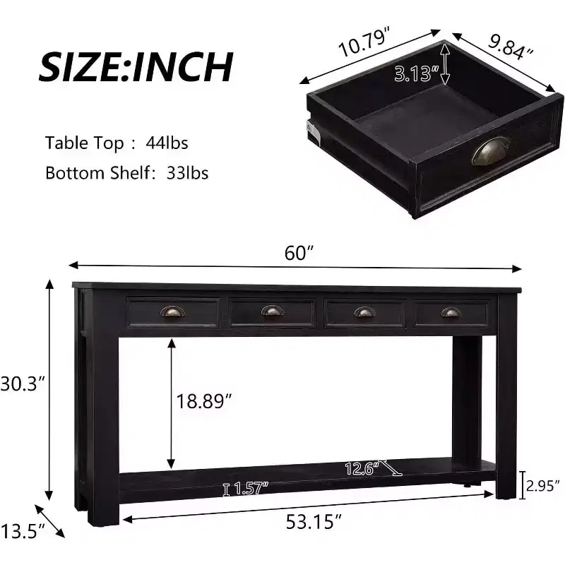 Kinsuite 60 Inch Console Tables for Entryway - Accent Table with 4 Drawers Rustic, Black