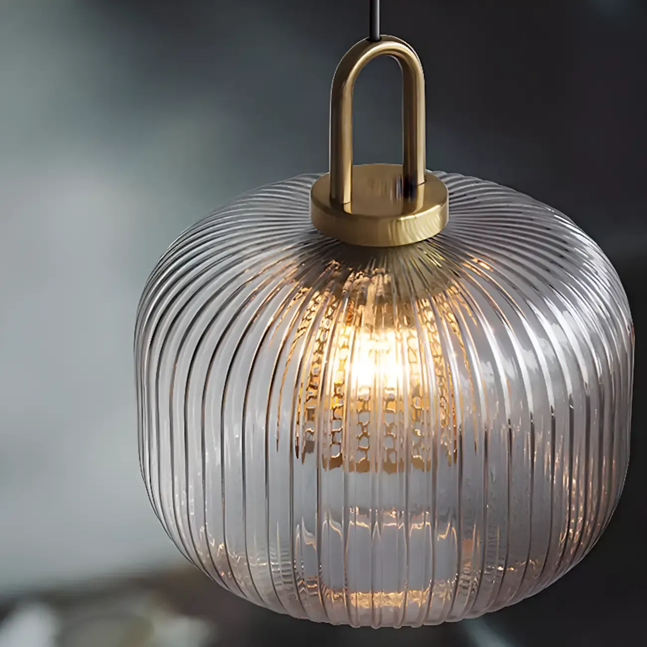 Gold Metal Ribbed Clear Glass Kitchen Pendant Light
