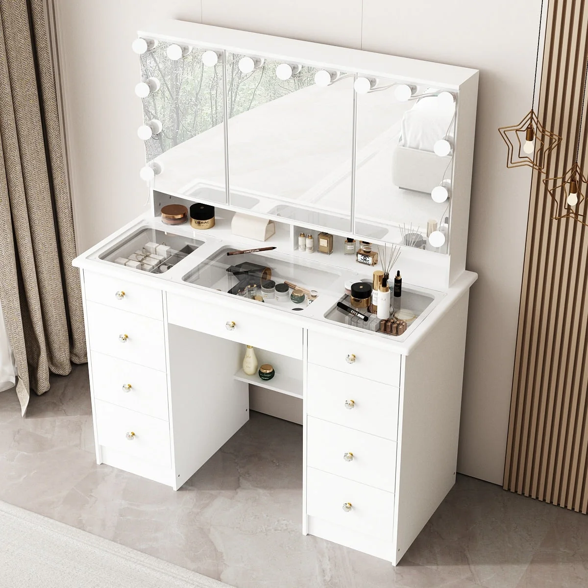 Makeup Vanity w/Tri-Fold Mirror Certified Lighting Glass Top Dresser