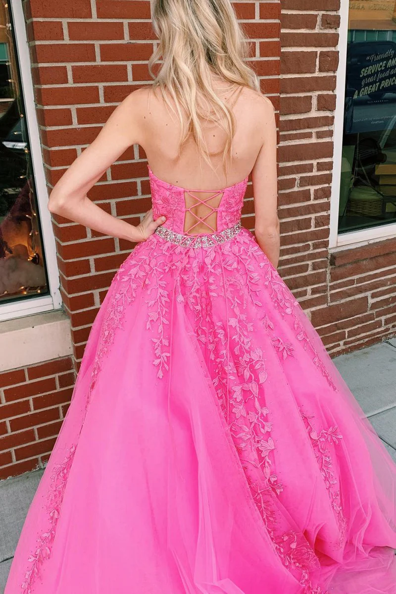 A-line Hot Pink Halter Tulle Prom Dress With Appliques