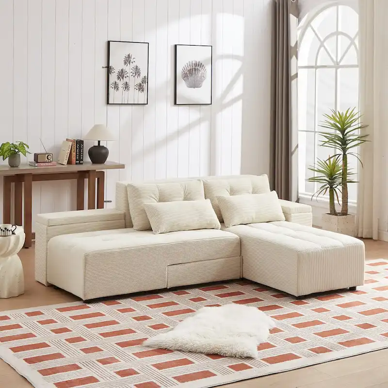 Beige Corduroy Sectional Sofa, 3-in-1 Convertible Sleeper, Symmetrical, Seats 3+