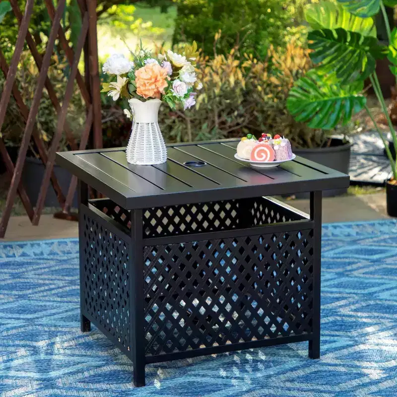 3pc Wrought Iron Patio Dining Set with Square Table with Umbrella Hole & Swivel Chairs - Captiva Designs