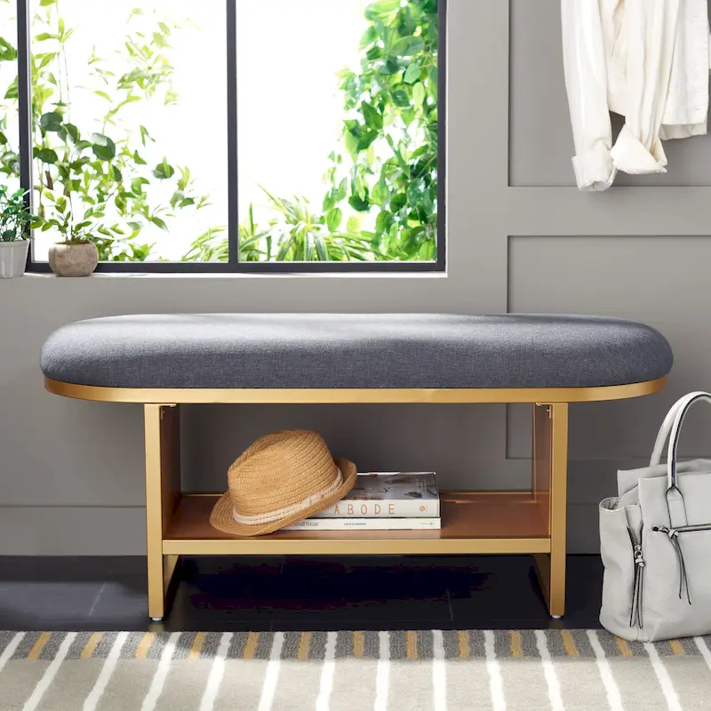 Black/Natural 1-Seat Open Shelf Bench with Cushion