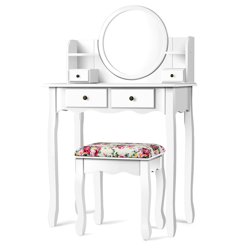 Makeup Vanity Table Set with Upholstered Stool Drawers Oval Mirror