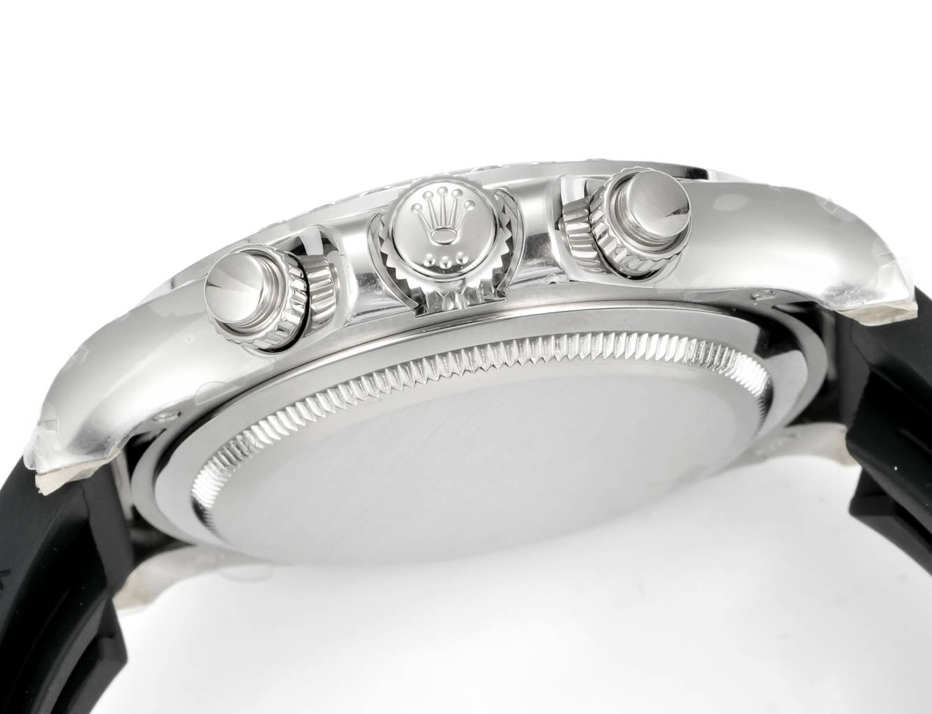 Rolex Daytona replica case side view with crown and chronograph pushers