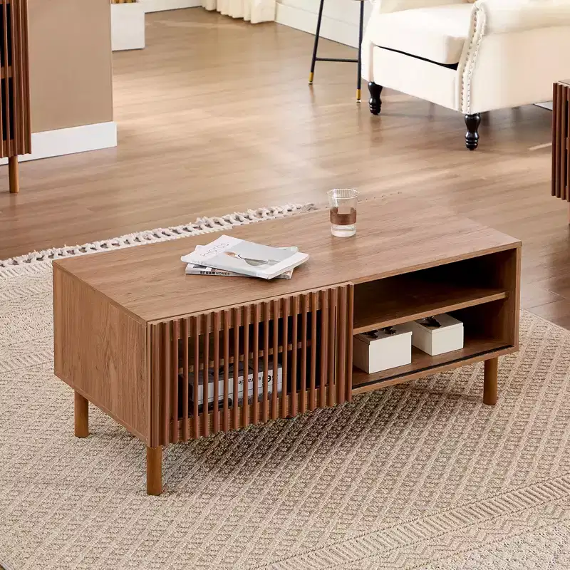 Bestier Modern Coffee Table with Storage, 44 Center Table with Fluted Sliding Doors and Dual Side Storage Shelves, Solid Wood Legs for Living Room