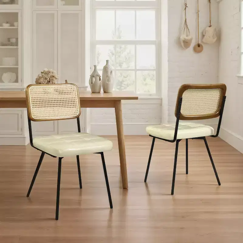 Art Leon Set of 2 Faux Leather Armless Cane Dining Chair with Metal Frame