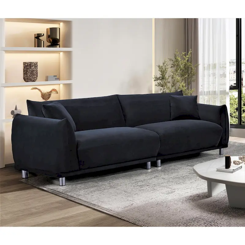 Velvet Sofa with Metal Legs & 2 Pillows – Greenish Blue / Cream White / Black, Modern Style, Seats 3
