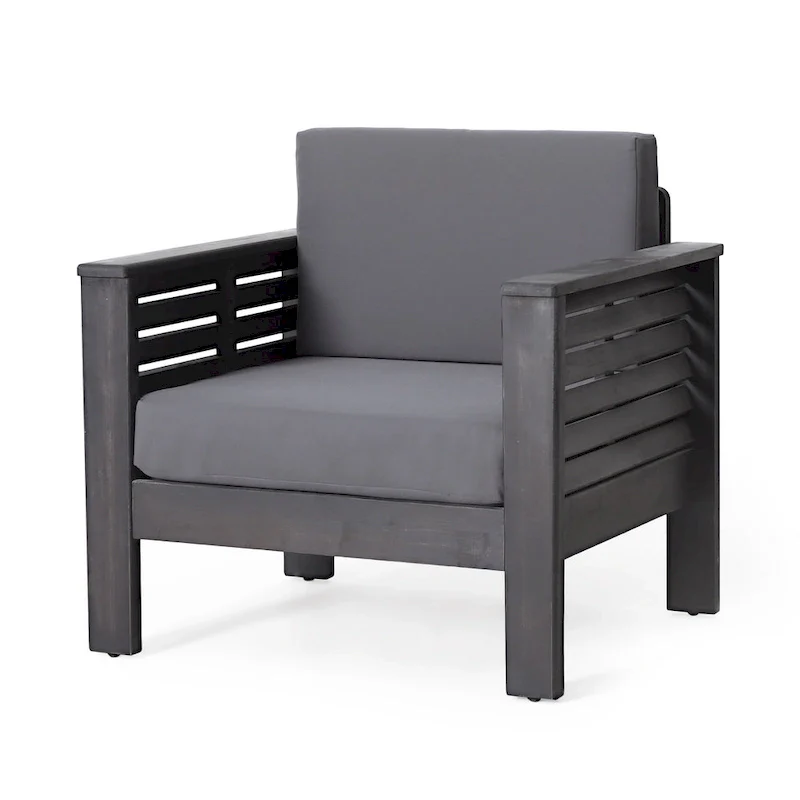 Quim Outdoor Club Chair, Shutter Slat Panel, Gray Acacia Wood, Gray Fabric