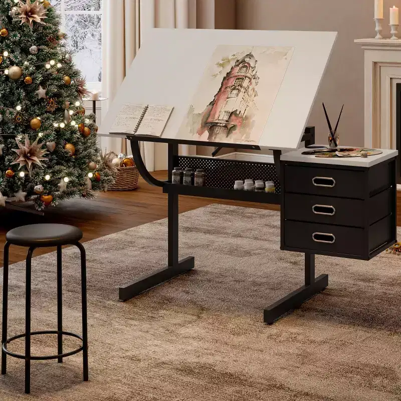 Okak Wooden Adjustable Drawing Drafting Table with 3 Drawers & Stool,Drawing Drafting Desk for Artist