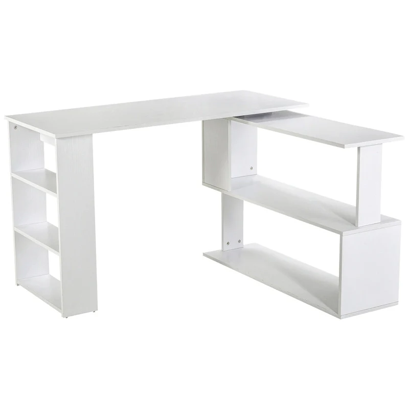 360 Rotating L-Shaped Corner Desk: White, with Storage Shelves