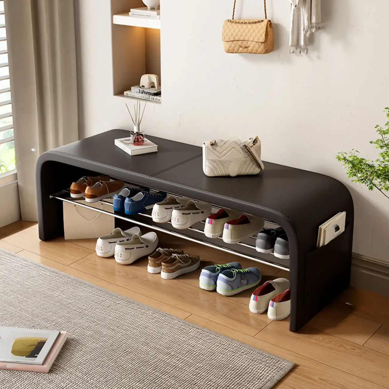 Arched Faux Leather Cushioned Storage Entryway Bench