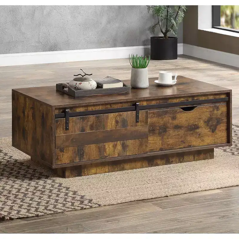Rustic Oak Storage Coffee Table with Drawers, Rectangle, 1-Person