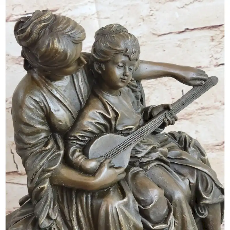 Mother And Playing Music Guitar 100 Percent Solid Bronze Sculpture Figurine Figure Sale