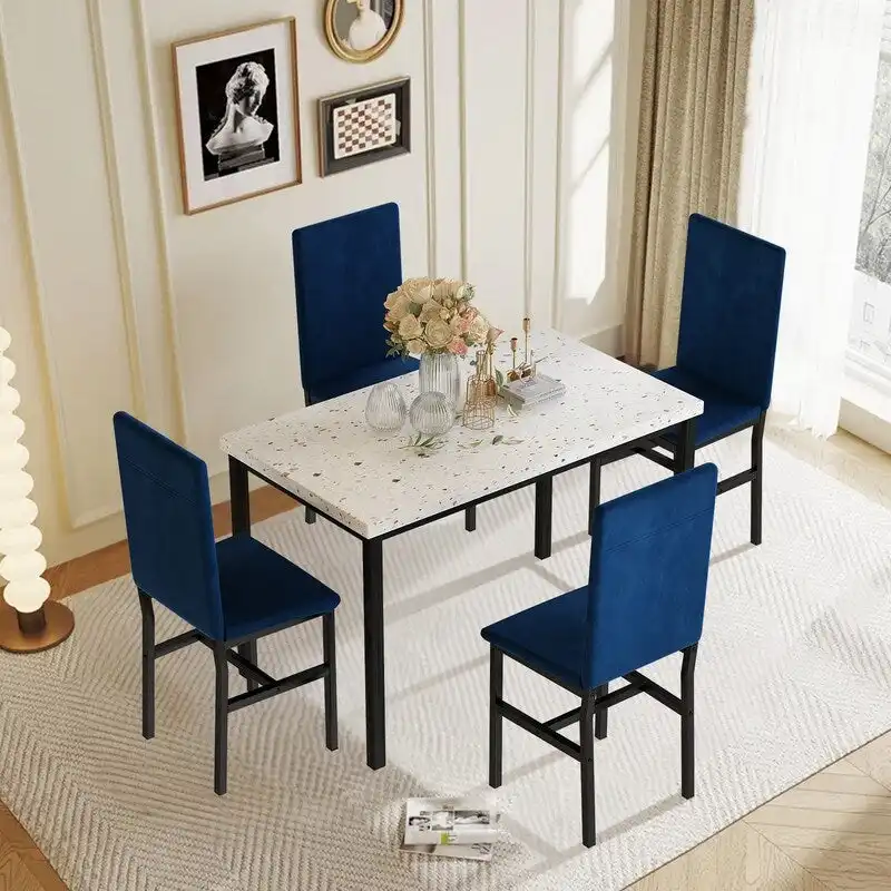 Modern 5 Piece Faux Marble Kitchen Dining Table Set for 4 with PU Leather Chairs, Dinette for Small Spaces, Breakfast Nook