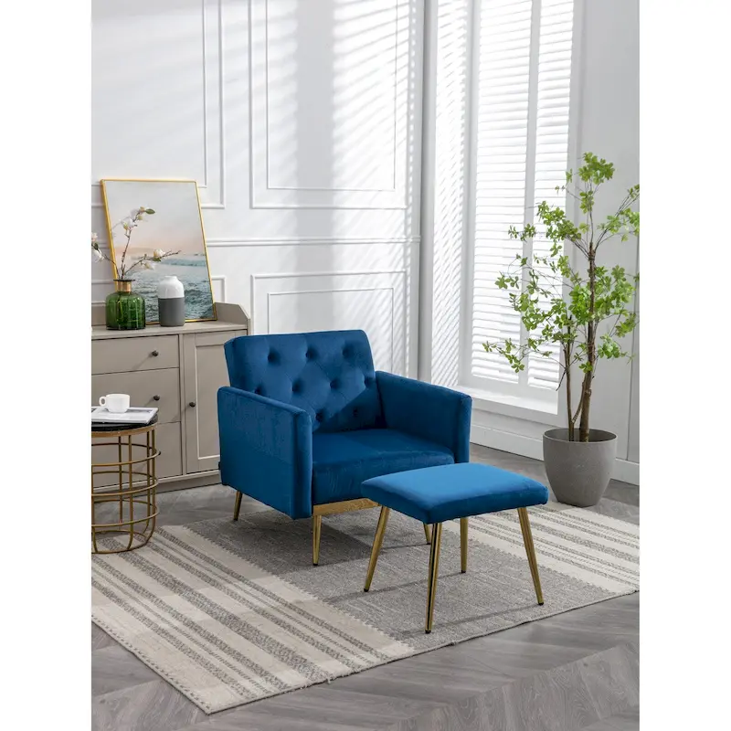 Velvet Accent Chair with Adjustable Armrests and Backrest, Button Tufted Lounge Chair, Single Recliner Armchair with Ottoman