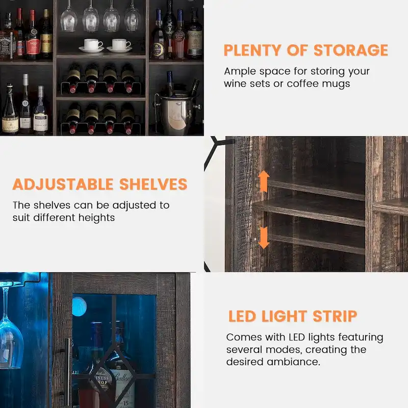Wine Bar Cabinet with LED Light - 15.7D x 47.2W x 34.61H