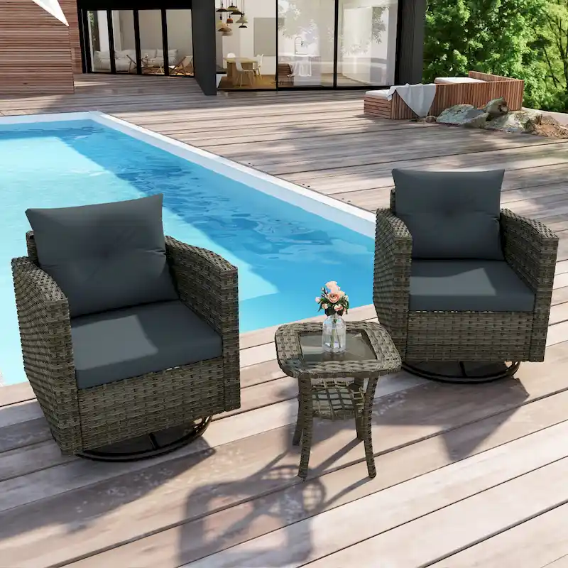 Outdoor Rattan Conversation Swivel Chair Set of 3 with Table