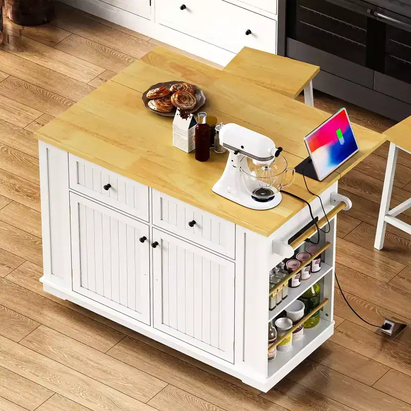Okak Kitchen Island with Drop Leaf and Power Outlet, Kitchen Cart with Internal Storage Rack and 5 Wheels, Kitchen Island Table for Kitchen
