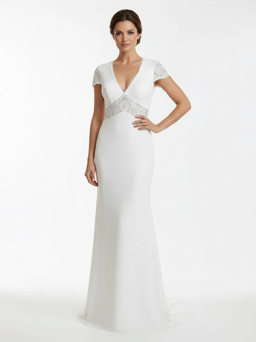 Modest Simple Sheath Short Sleeve Empire Floor-Length Sweep Train Chiffon V-neck Wedding Dress