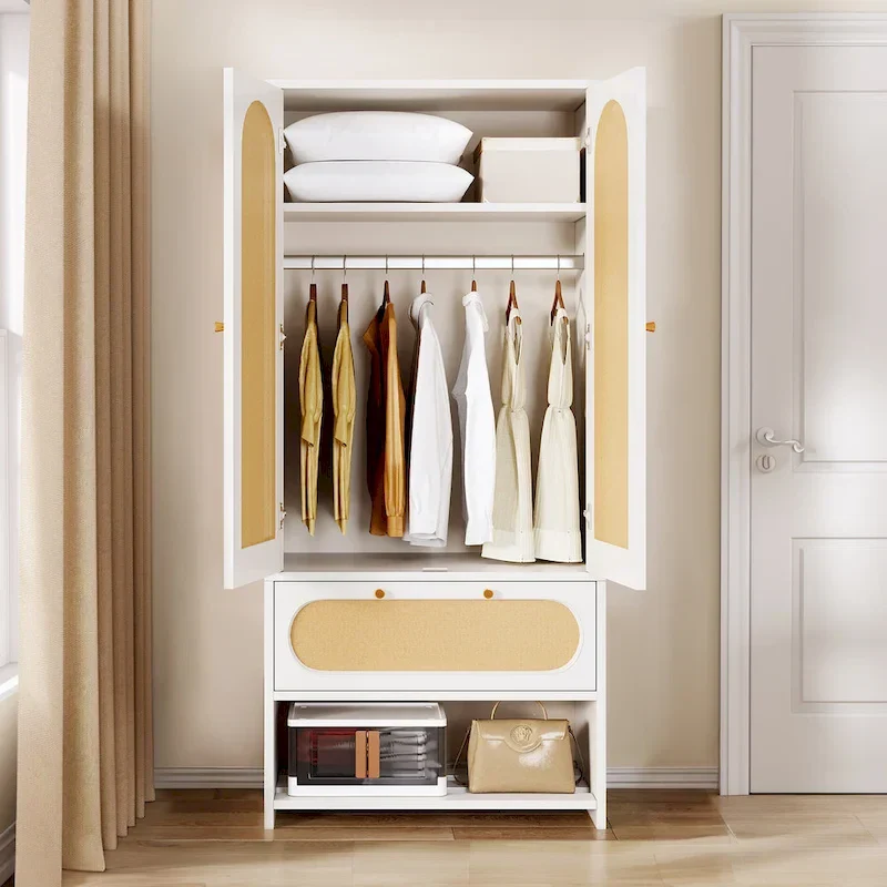 Moasis 70   Rattan Armoire Bedroom Wardrobe with Drawer & Hanging Rod