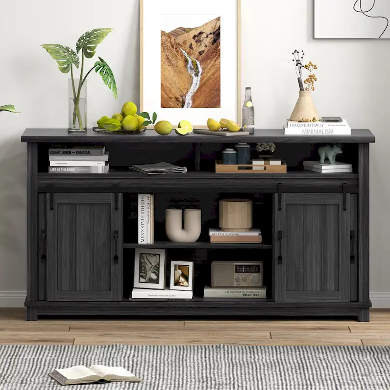 Brown Oak 63-Inch Sideboard with Sliding Barn Doors