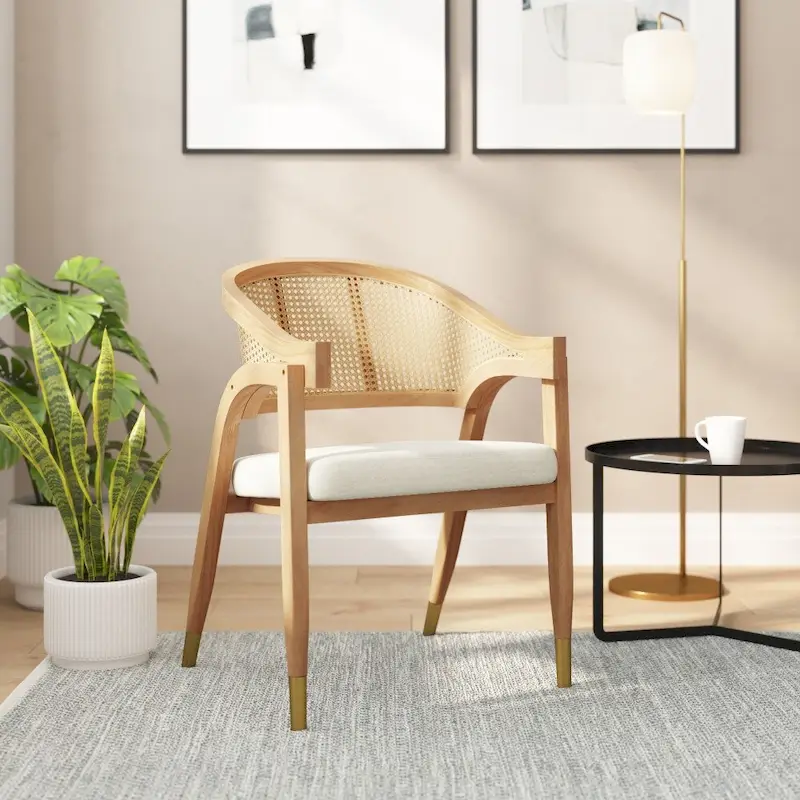 Cane Rattan Dining Chair with Upholstered Seat and Armrests