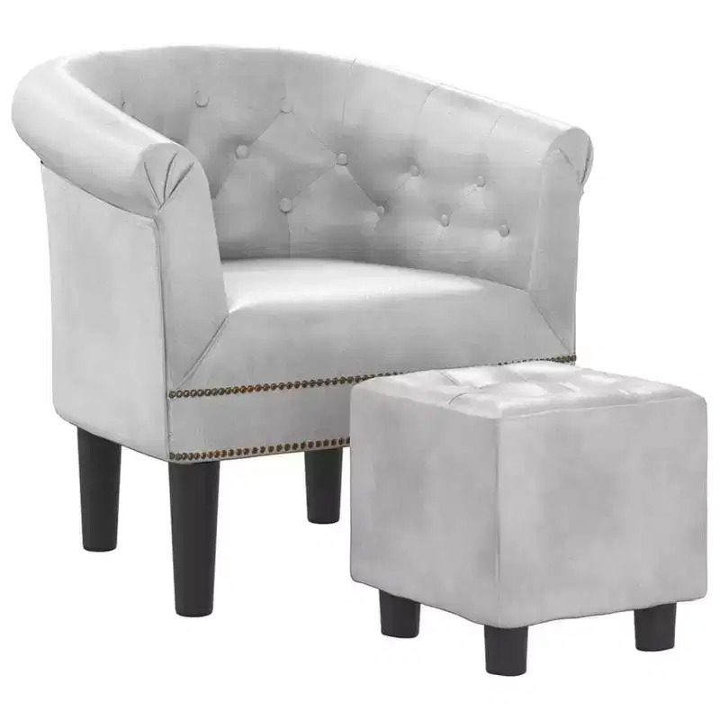 vidaXL Tub Chair with Footstool - Silver Faux Leather Design - Ideal for Living Room, Bedroom, or Office