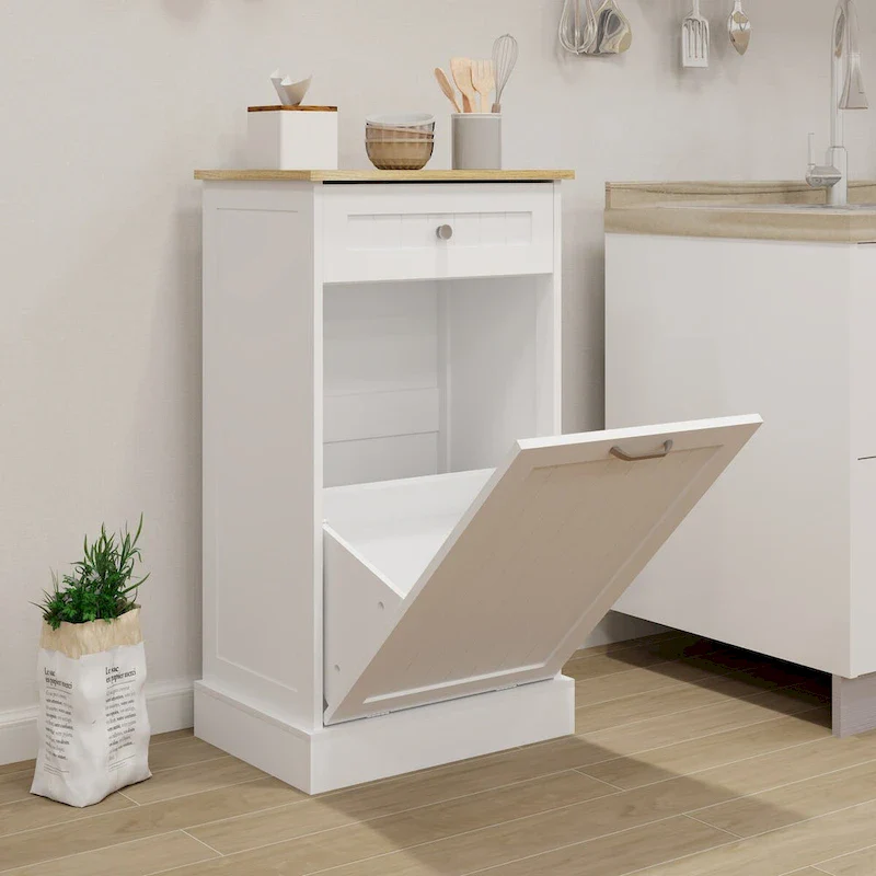 Tilt-Out Kitchen Trash Cabinet, MDF, UV Painted, Fits 10-Gallon Cans, Black or White