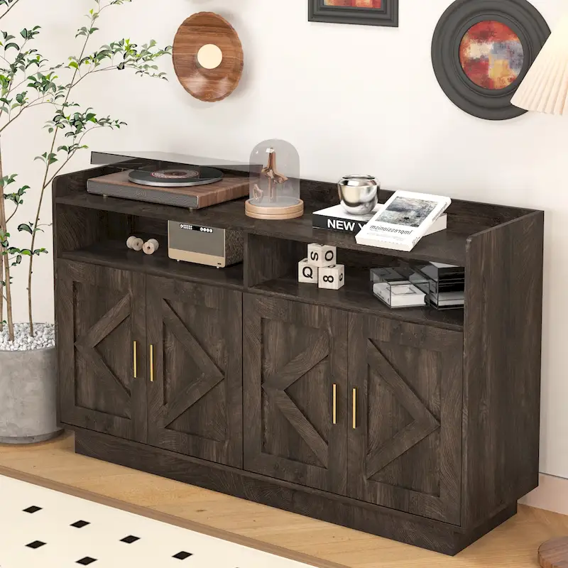 Brown/White Buffet Sideboard Cabinet with Metal Handles, 2-Person Assembly