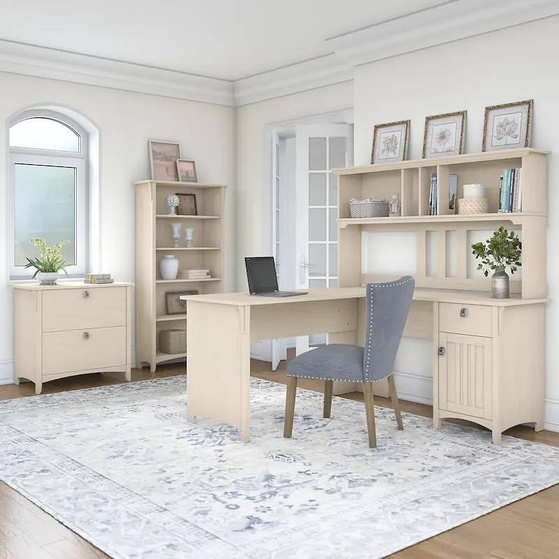 60W L-Shaped Desk Office Suite in Antique White