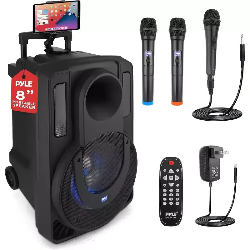 Pyle 8 Bluetooth Portable PA Speaker - Portable PA & Karaoke Speaker with Two Wireless Microphones