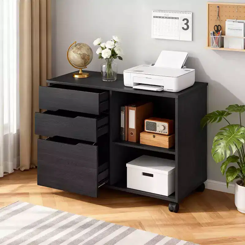 FDW 3 Drawer Lateral File Cabinet Mobile File Cabinet with Open Storage Shelves Office Printer Stand & Under-Desk Organizer with Wheels