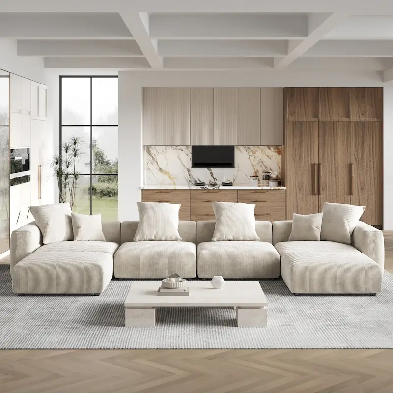 Large U-Shape Linen Reversible Modular Seating Component Sectional with 2 Ottoman