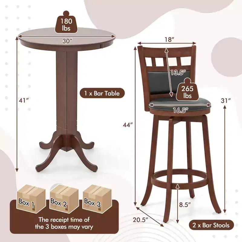 Costway 3 PCS Wood Bar Dining Set Table with Pedestal Base & 2 Upholstered Swivel Stools