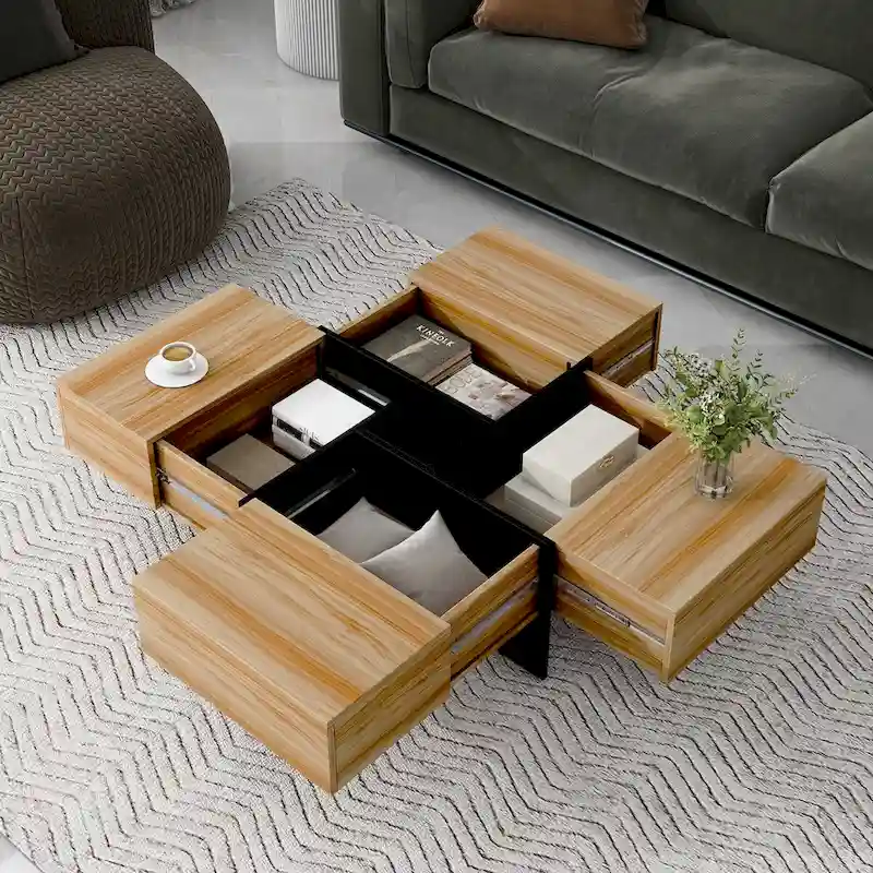 Square Coffee Table, 4 Hidden Storage Compartments, Extendable Sliding Top, UV Gloss, Brown / Black / White, 1-Person Use