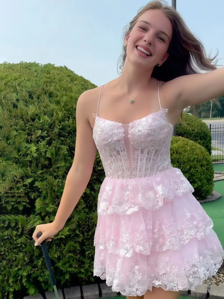 Pink - Spaghetti Straps A-Line Tulle Ruffle Tiered Homecoming Dresses With Appliques