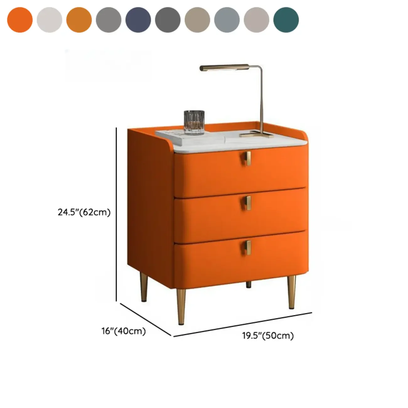 Modern Leather Stone Top Gold Accents 3-Drawer Nightstand