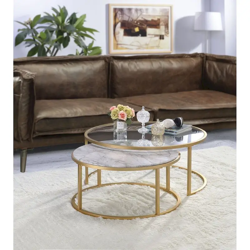 Metal Framed Nesting Coffee Tables with Glass and Marble Tops, Set of Two, Gold - 15.75 H x 36 W x 36 L Inches
