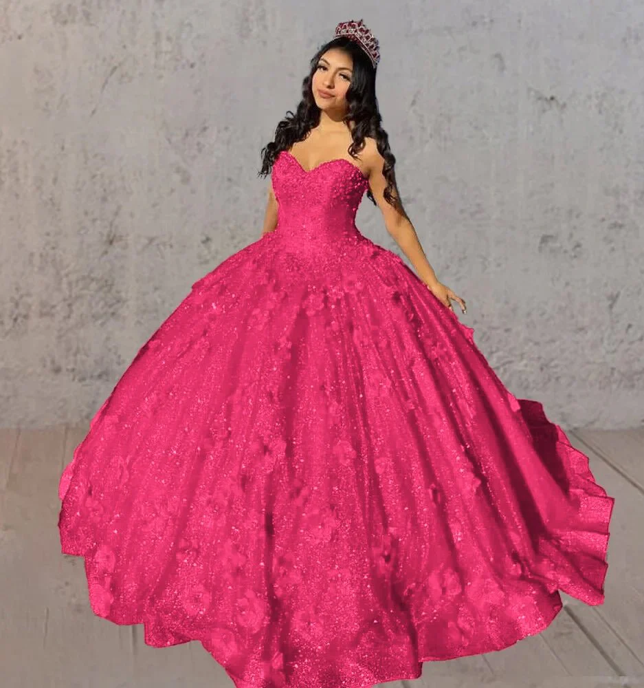Red 3D Flowers Glitter Sequins Sleeveless Quinceanera Dresses