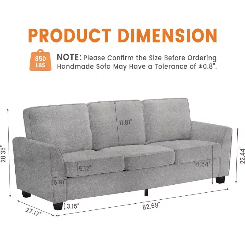 83 Oversized Chenille Sofa for Living Room, Three-Seater Cloud Couch, Mid-Century Modern Upholstered Sofa, for Living Room, Bedroom