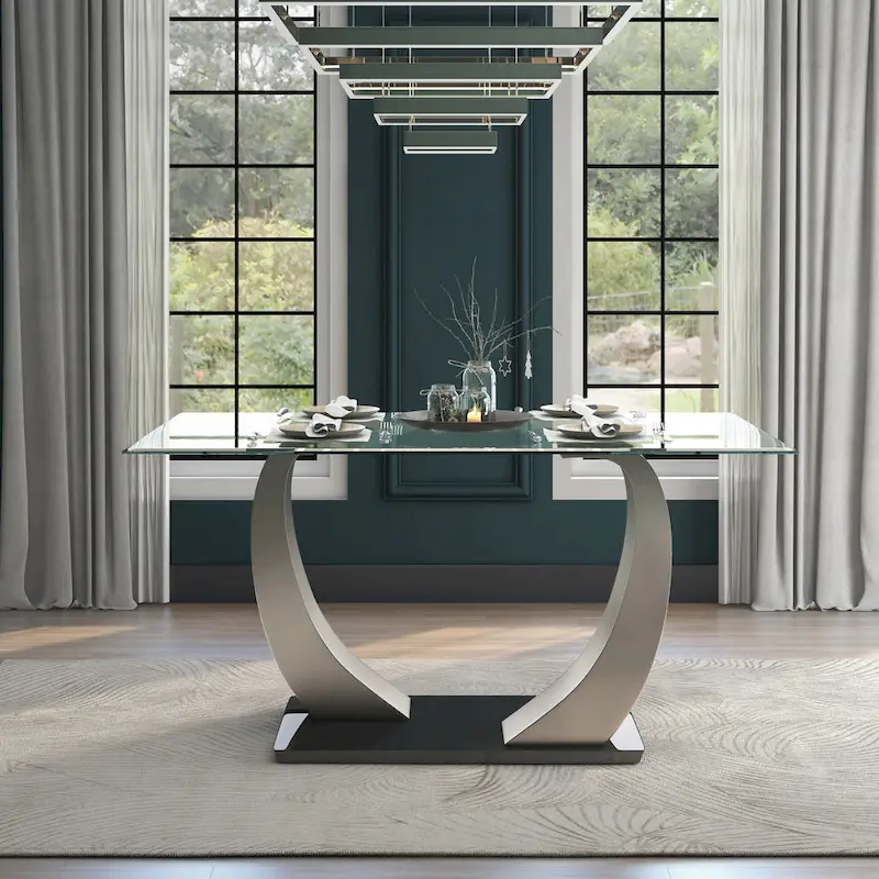 Black & Silver Glass Top Dining Table, Seats 4–6