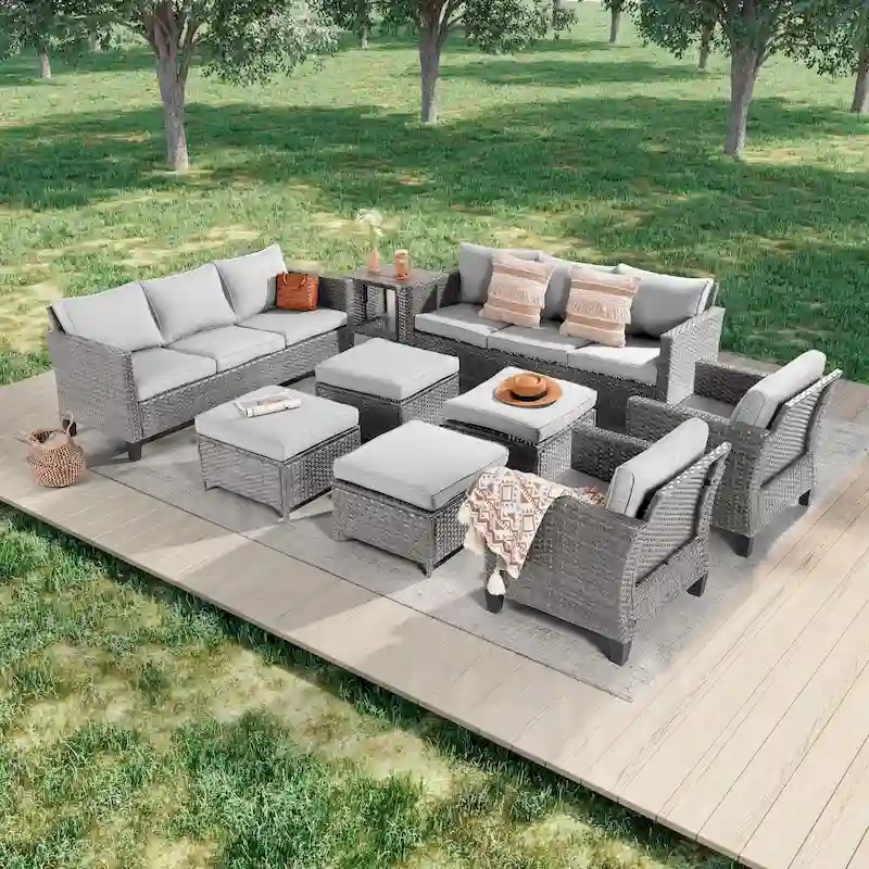 LIVOOSUN 9Pcs Patio Sofa Set Gray PE Wicker Outdoor Furniture Ottomans w/Table