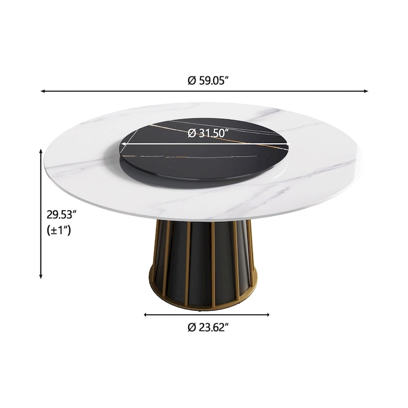 59 White Round Dining Table with Lazy Susan, Sintered Stone Tabletop - N/A