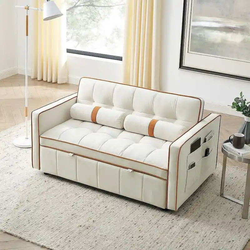 Modern 55.5 Velvet Pull-Out Adjustable Sofa Bed with Side Pockets