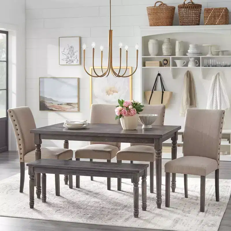 Buylateral 6pc Burntwood Parson Dining Set with Bench Weathered Gray: Rubberwood, Upholstered Chairs