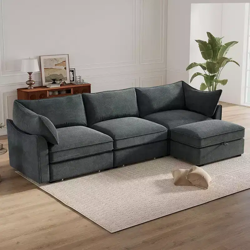 MooxvMoo 112in Chenille Sofas for Living Room, L Shaped Couch with Storage, Sectional Couch w/ Pull Out Drawer & Throw Pillows & Storage Ottoman, Gray