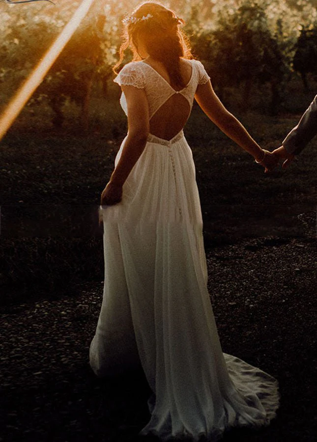 Chiffon V-Neck Short-Sleeve Wedding Dresses Cutout Back Bridal Gowns